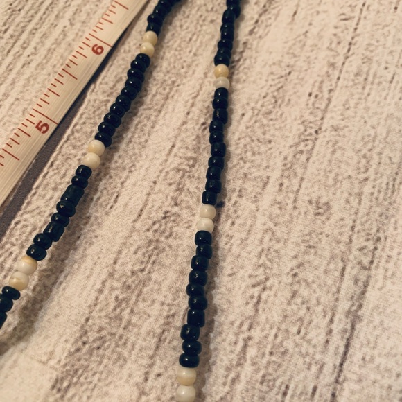 Black Beaded Necklace with Clay White and Blue Pendant - Picture 4 of 5